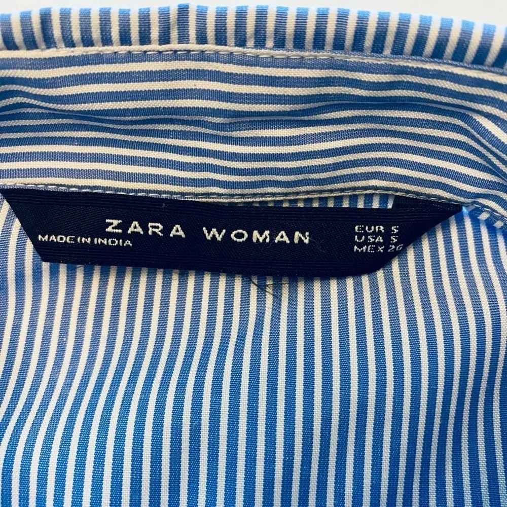 Zara Woman Blue and Black Embroidered Button Down Shirt